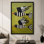 Striped Birds Olive Green Abstract Canvas Art
