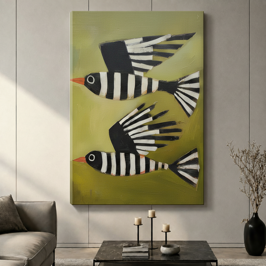 Striped Birds Olive Green Abstract Canvas Art