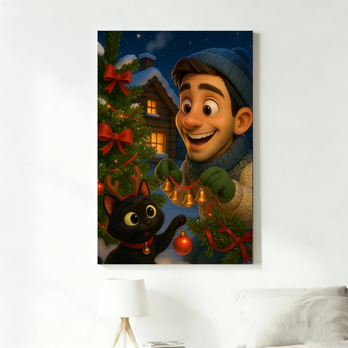 Custom Christmas Pet Portrait,Personalized Gift, Funny Santa Cat & Owner Illustration Wall Art,Holiday Home Decor