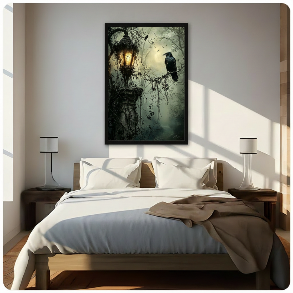 Gothic Raven Lantern Dark Forest Canvas Art