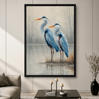 Blue Heron Pair Misty Lake Canvas Art