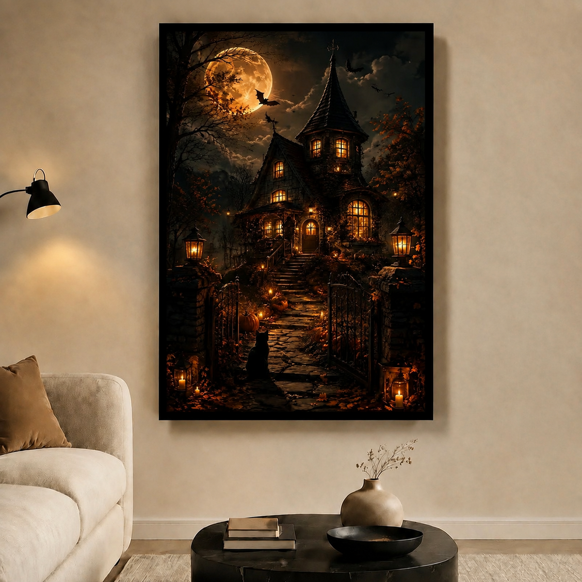 Haunted Gothic Manor Moonlit Halloween Canvas Wall Art