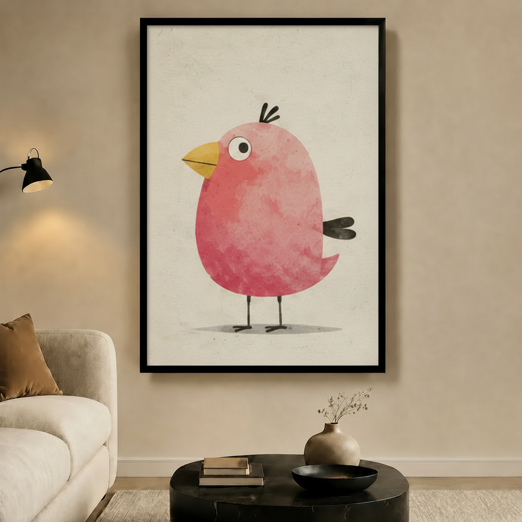 Chubby Pink Bird Whimsical Canvas Wall Art