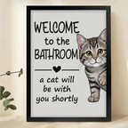 Welcome to the Bathroom Cat Wall Art – Funny Tabby Quote Canvas Print on Natural Wood Frame | W2127