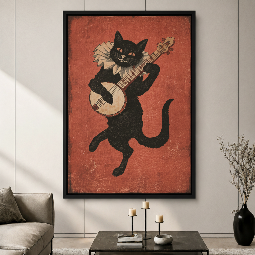 Banjo Cat Vintage Folk Canvas Art