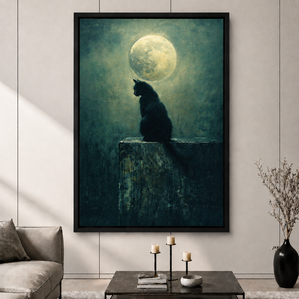 Gothic Black Cat Full Moon Canvas Art
