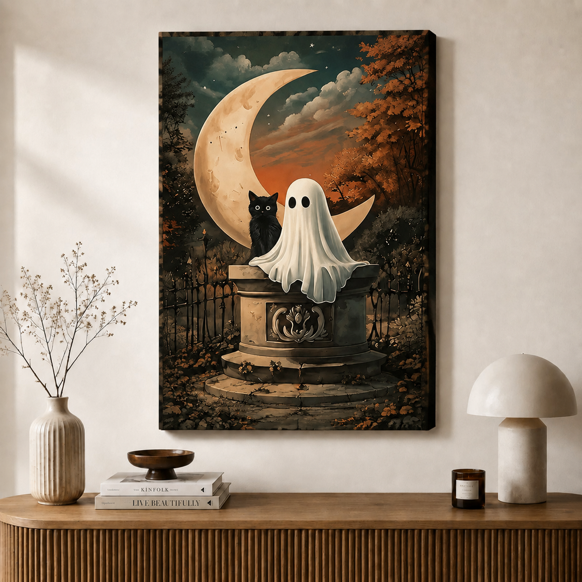 Vintage Halloween Ghost Black Cat Canvas Art