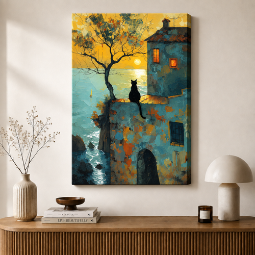 Coastal Black Cat Sunset Canvas Wall Art