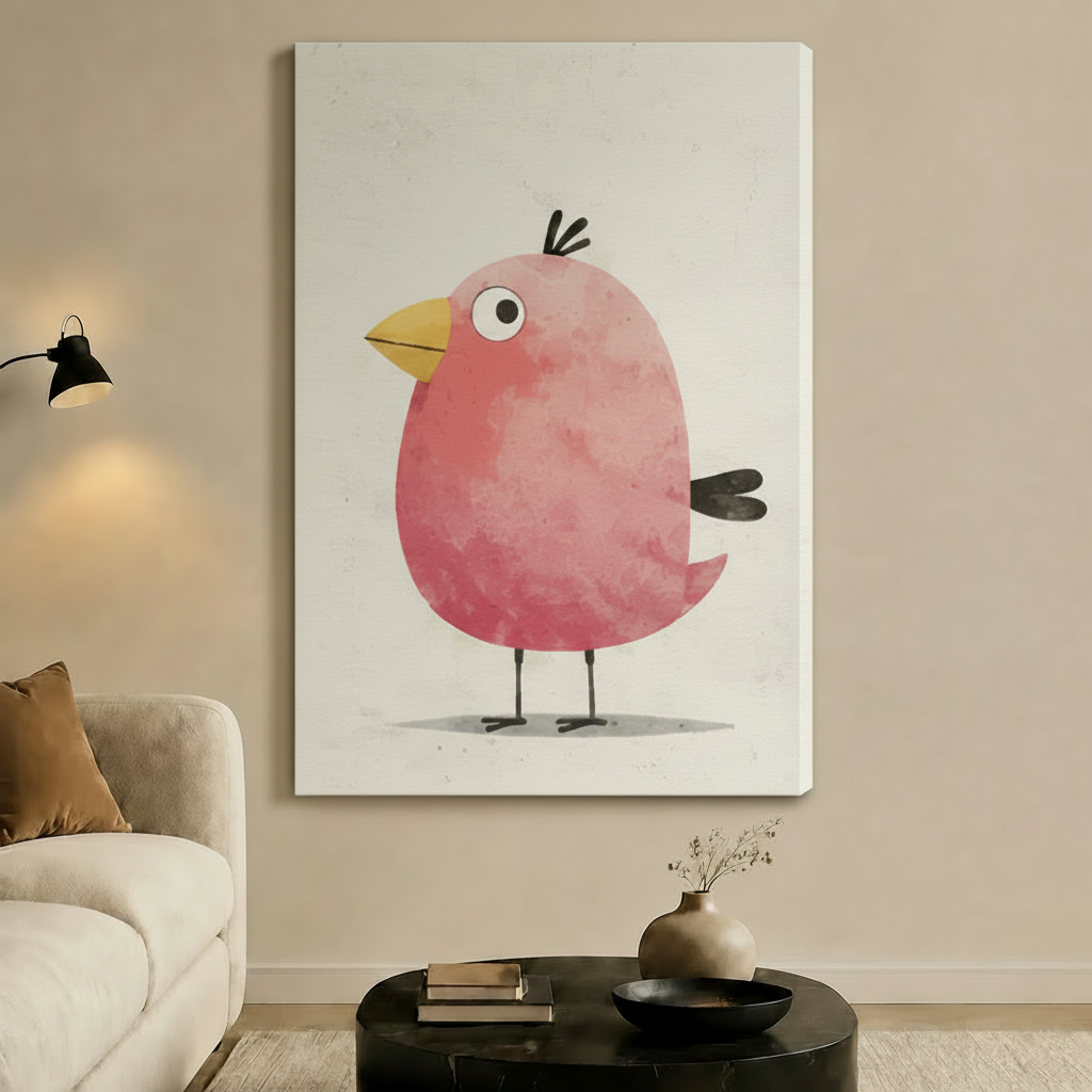 Chubby Pink Bird Whimsical Canvas Wall Art