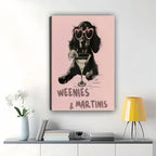 Weenies & Martinis Dachshund with Heart Sunglasses – Retro Cocktail Wall Art on Natural Wood Canvas | W930