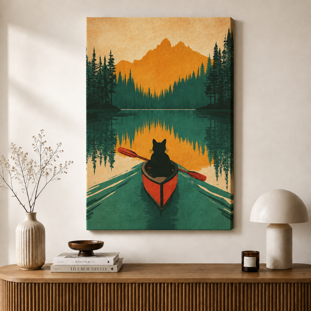 Black Cat Canoe Retro Wilderness Canvas Art