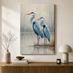 Blue Heron Pair Misty Lake Canvas Art