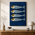 Bold Blue Sardines Folk Art Canvas Art