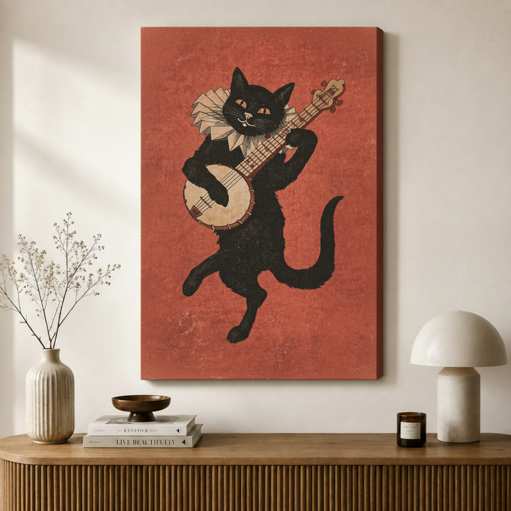 Banjo Cat Vintage Folk Canvas Art