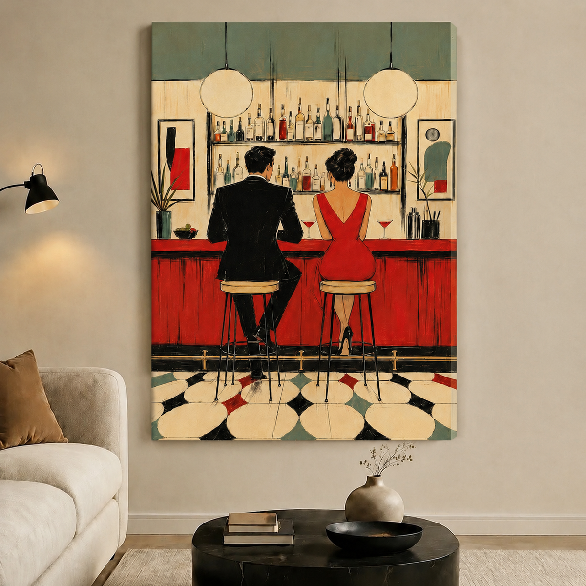 Retro Bar Couple Mid-Century Modern Canvas  Wall Art