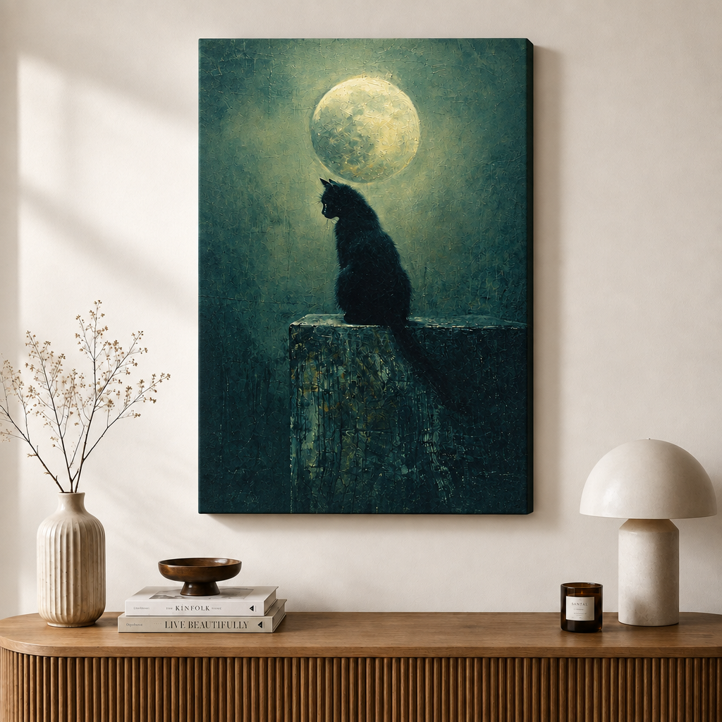 Gothic Black Cat Full Moon Canvas Art