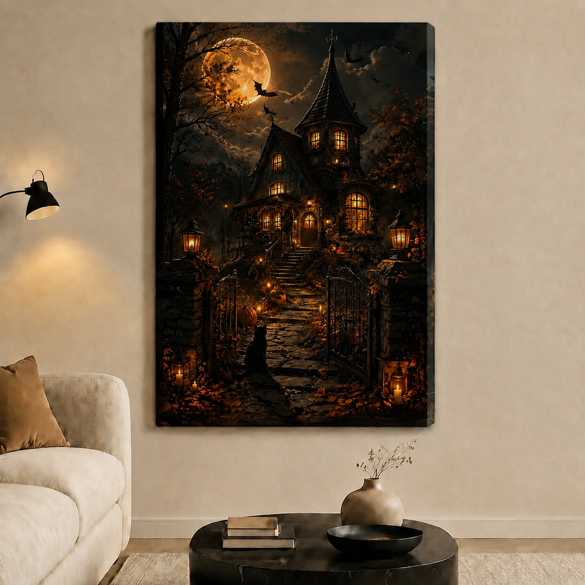 Haunted Gothic Manor Moonlit Halloween Canvas Wall Art