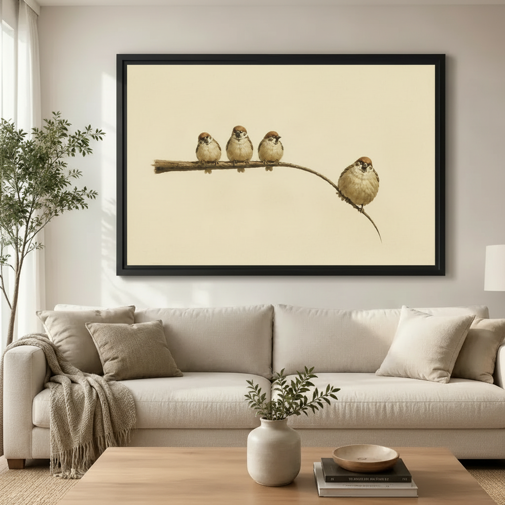 Vintage Sparrows Branch Canvas Wall Art