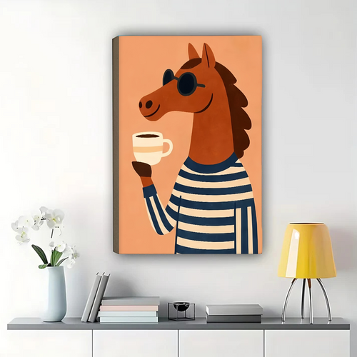 Coffee Horse Wall Art Print - Whimsical Animal Illustration|W1224