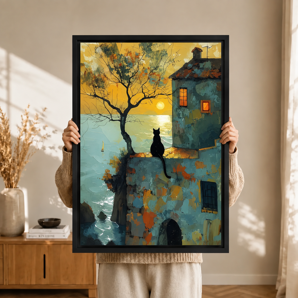 Coastal Black Cat Sunset Canvas Wall Art