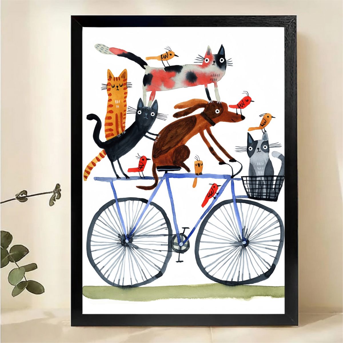 Animals on Bicycle Wall Art - Whimsical Cats Dogs Birds Print|W1207
