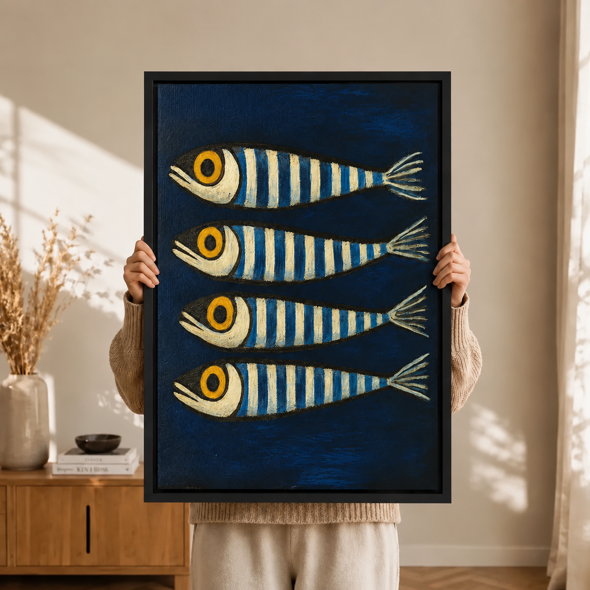 Bold Blue Sardines Folk Art Canvas Art