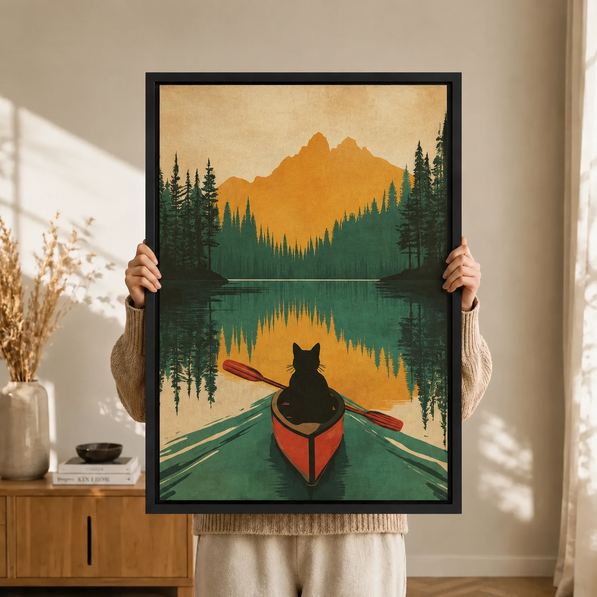Black Cat Canoe Retro Wilderness Canvas Art