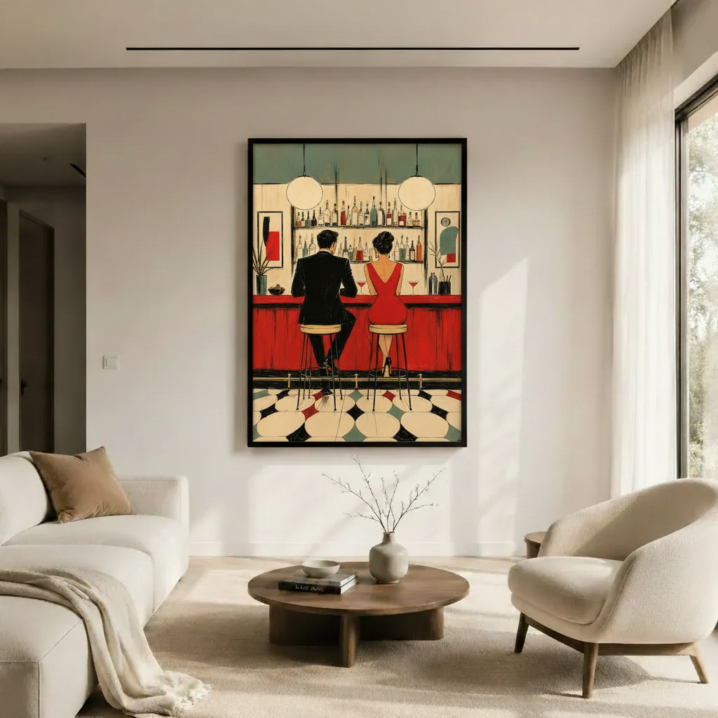 Retro Bar Couple Mid-Century Modern Canvas  Wall Art