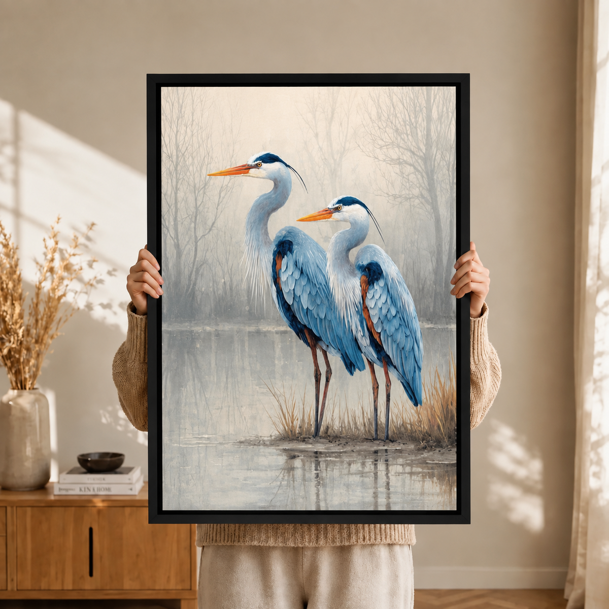 Blue Heron Pair Misty Lake Canvas Art