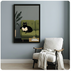 Black Cat Reading on Sofa Canvas Wall Art