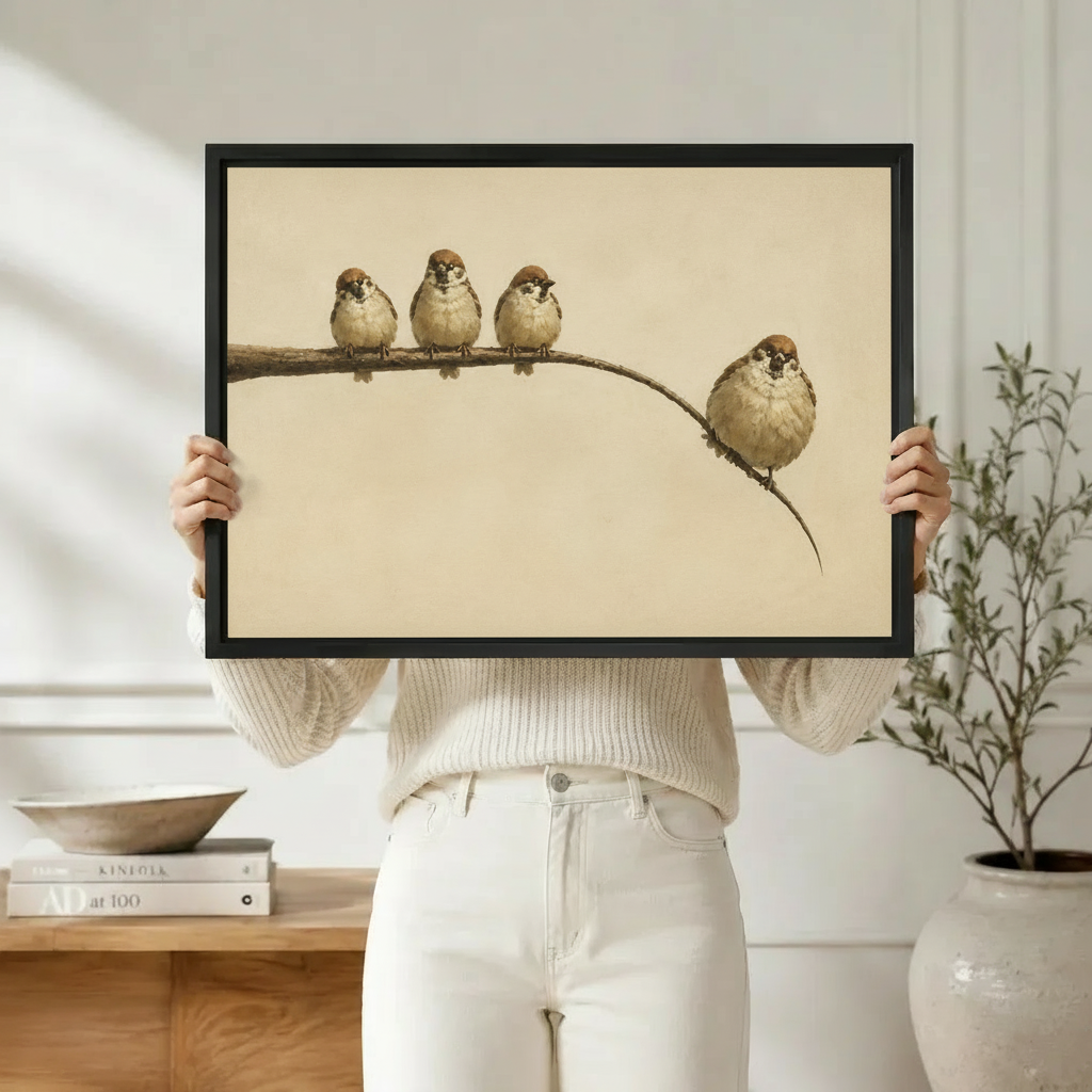Vintage Sparrows Branch Canvas Wall Art