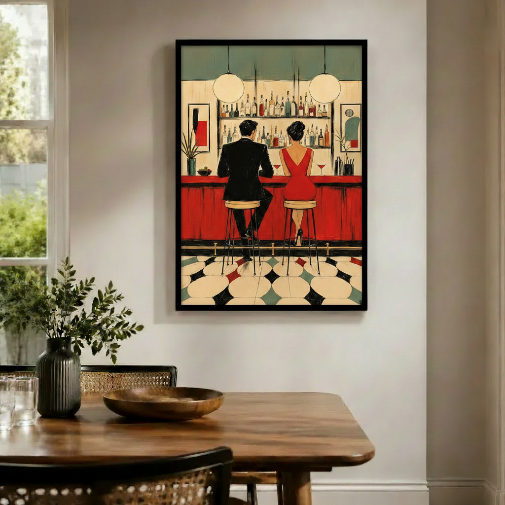 Retro Bar Couple Mid-Century Modern Canvas  Wall Art