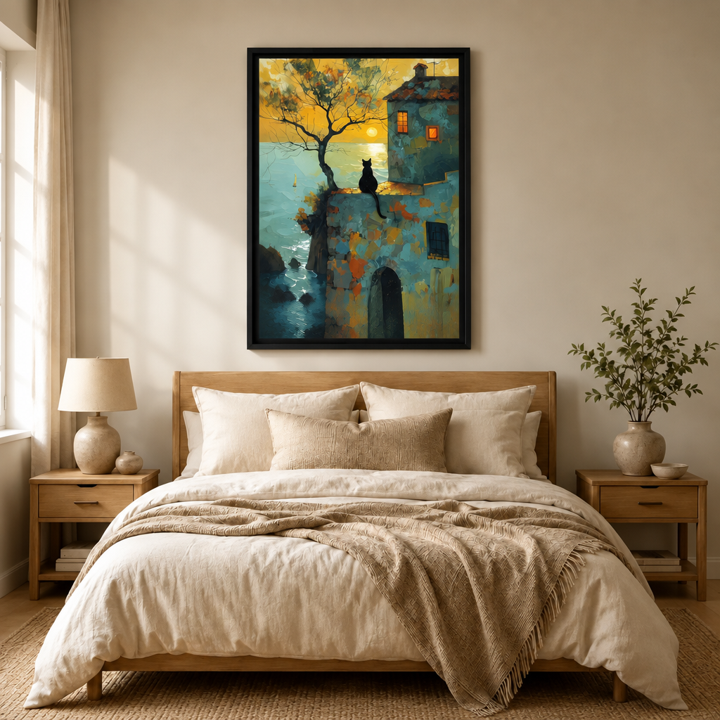 Coastal Black Cat Sunset Canvas Wall Art