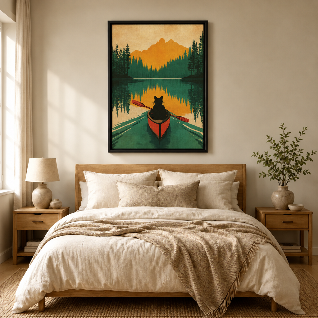 Black Cat Canoe Retro Wilderness Canvas Art