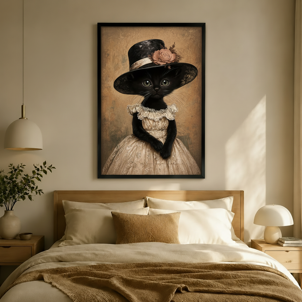 Victorian Black Cat in Lace Dress Canvas Wall Art