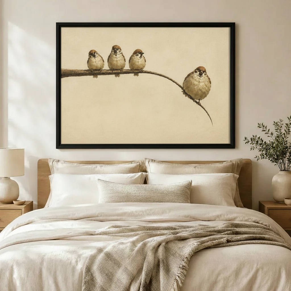 Vintage Sparrows Branch Canvas Wall Art