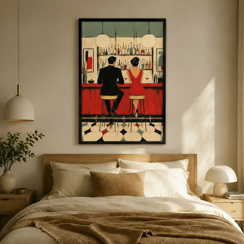 Retro Bar Couple Mid-Century Modern Canvas  Wall Art
