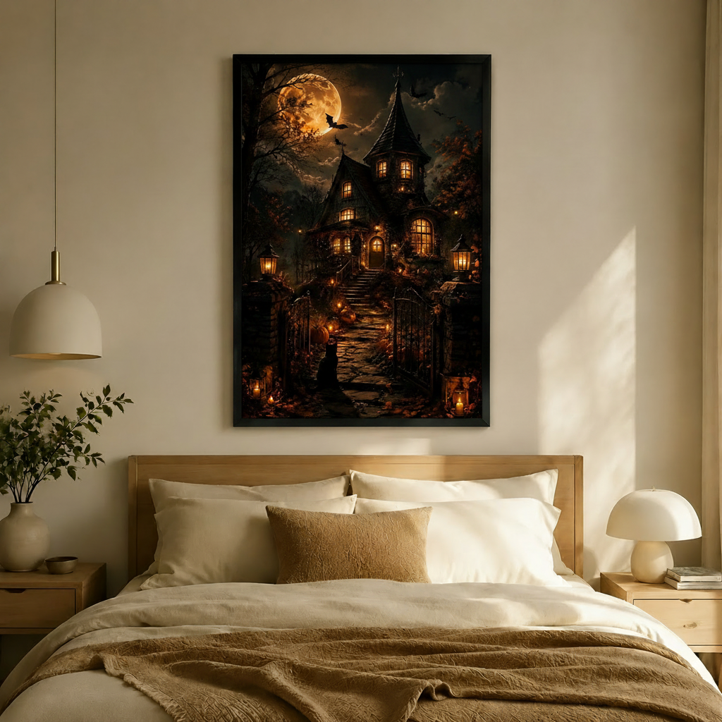 Haunted Gothic Manor Moonlit Halloween Canvas Wall Art