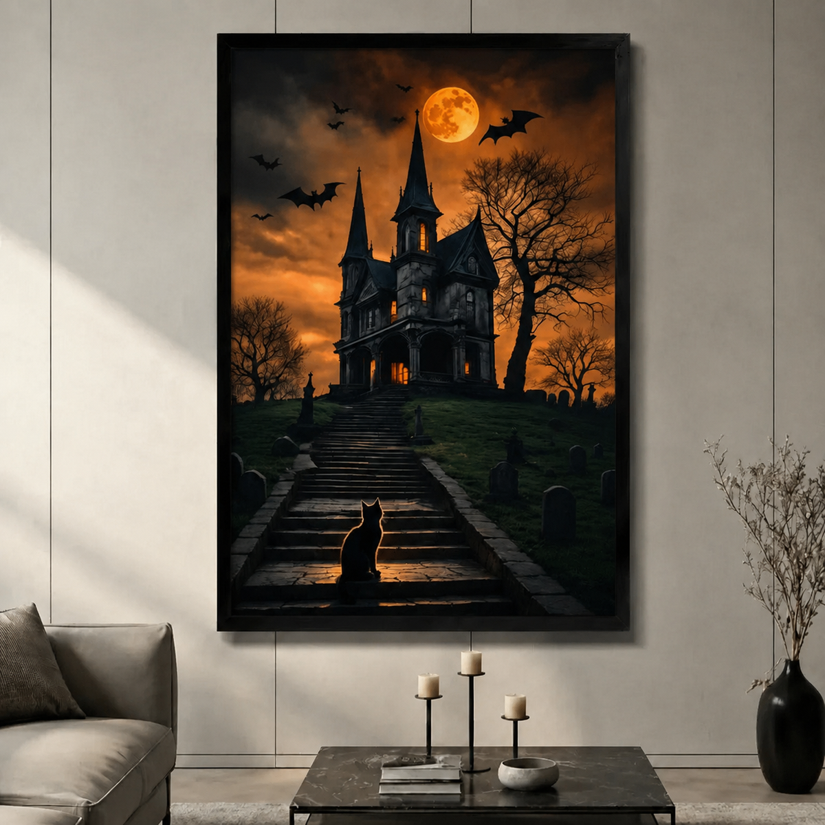 Black Cat Haunted House Halloween Canvas Wall Art