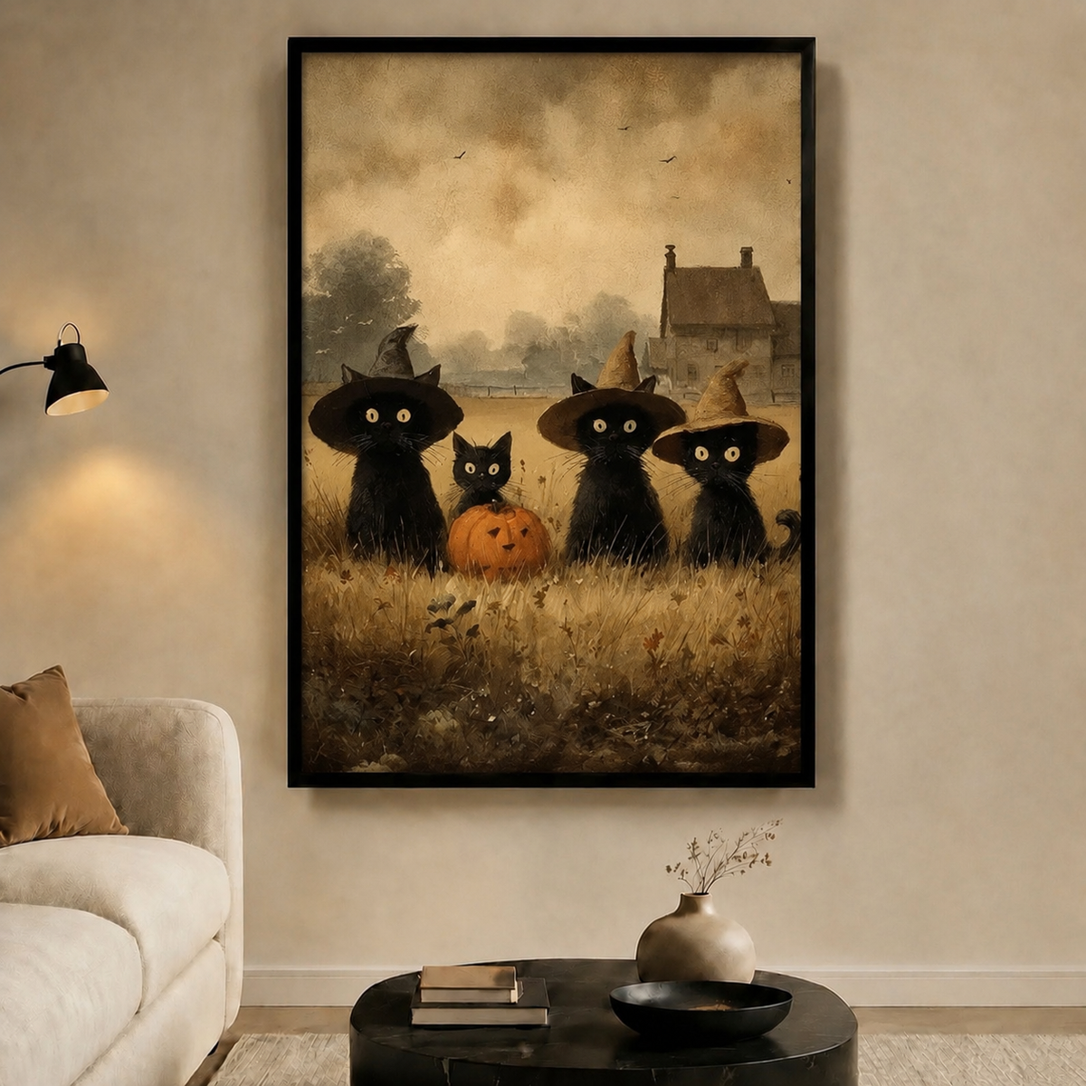 Four Black Cats Halloween Pumpkin Canvas Wall Art