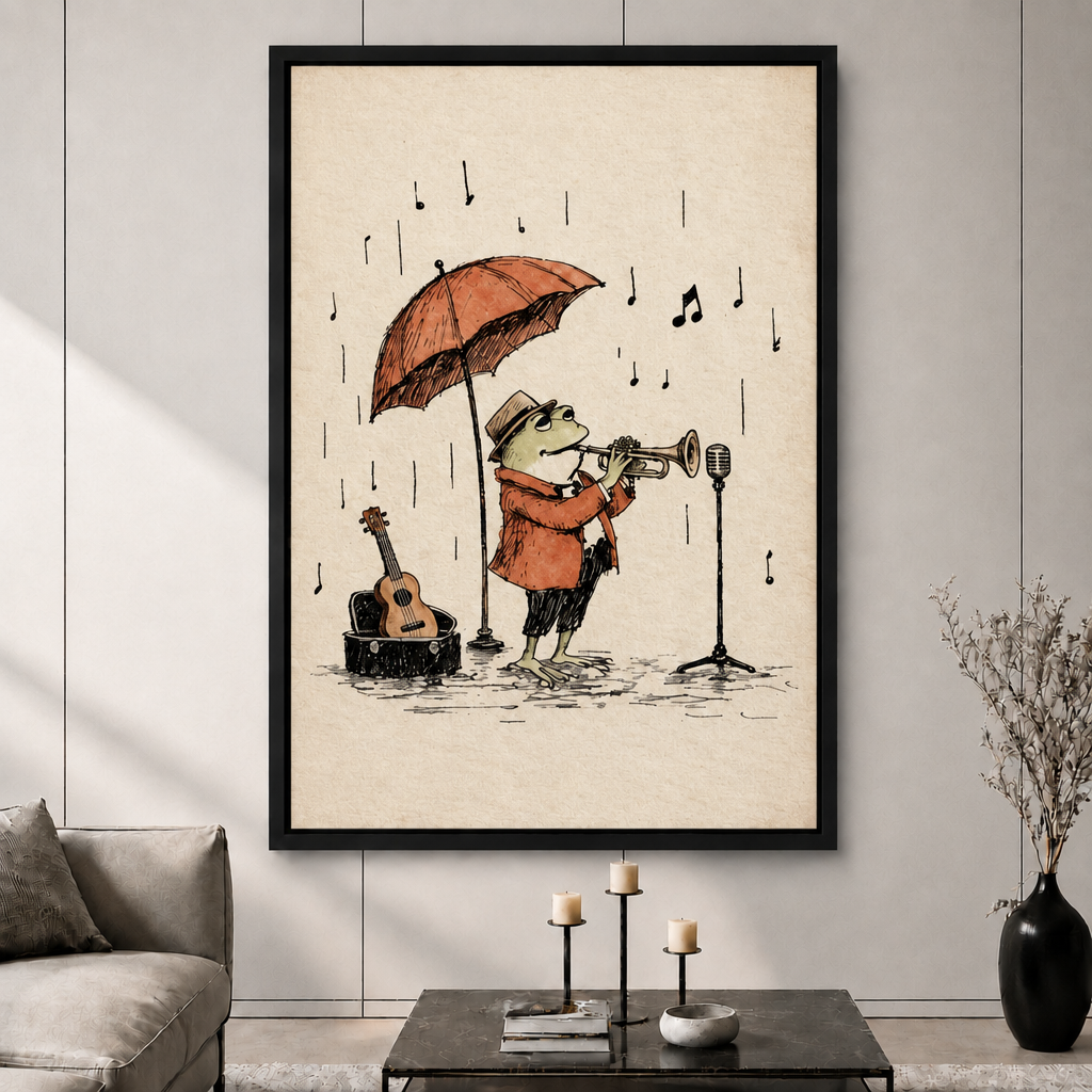 Rainy Jazz Frog Vintage Trumpet Wall Art