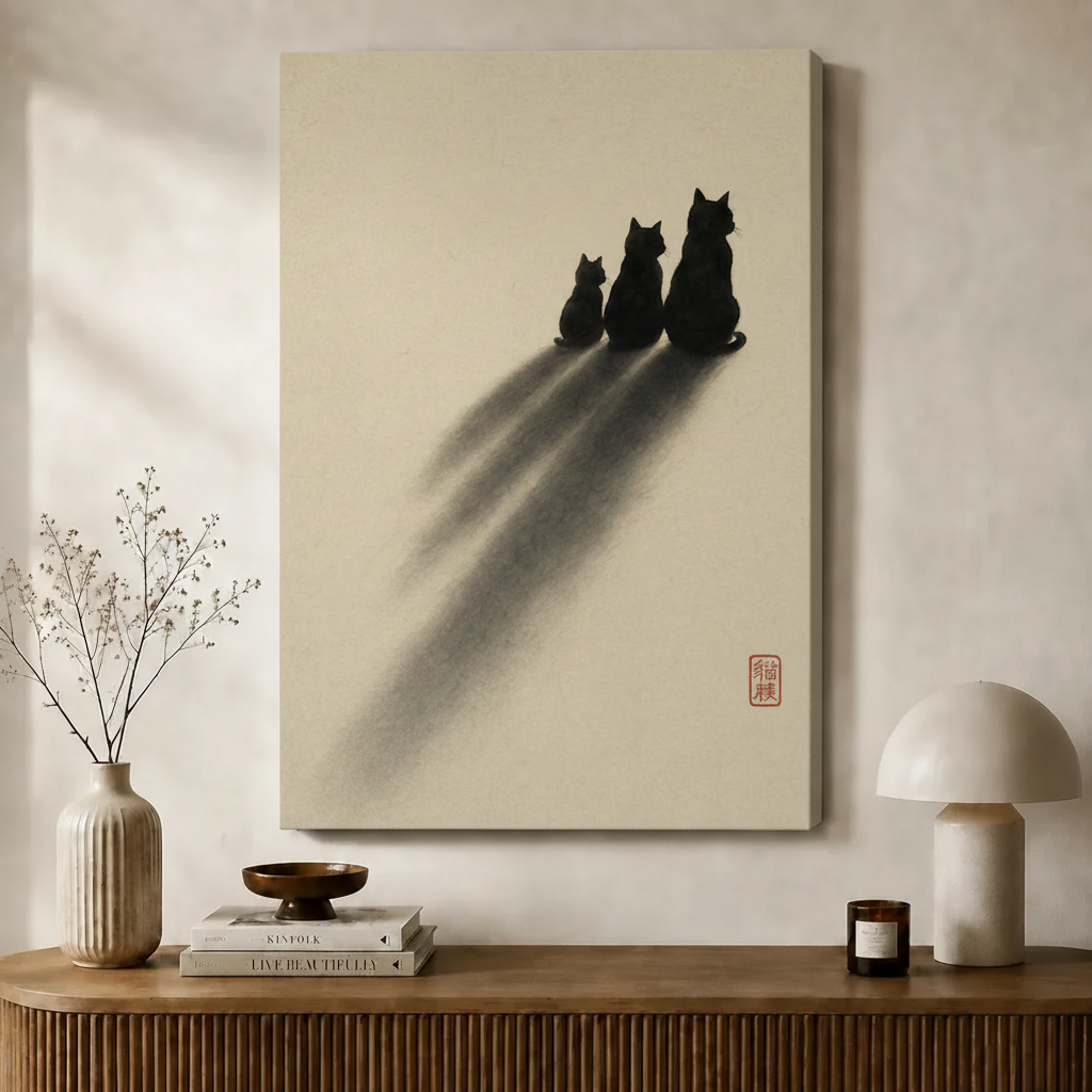 Three Cats Ink Shadow Canvas Wall Art