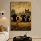 Four Black Cats Halloween Pumpkin Canvas Wall Art