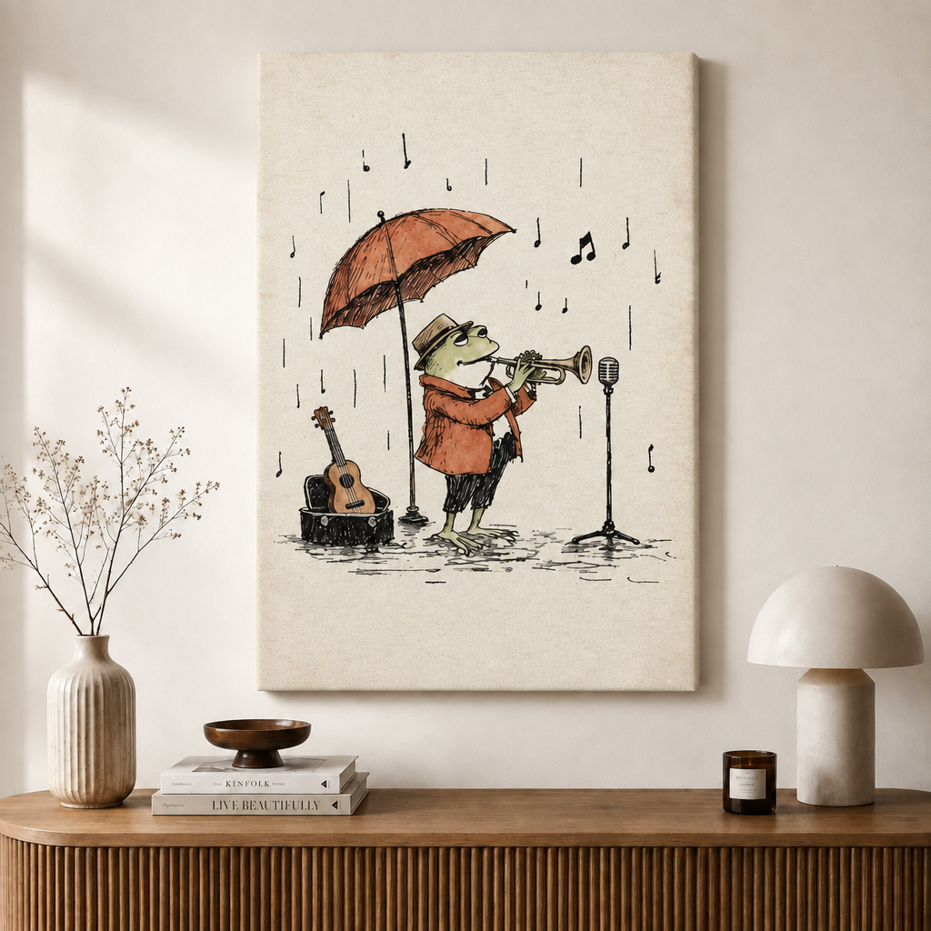 Rainy Jazz Frog Vintage Trumpet Wall Art