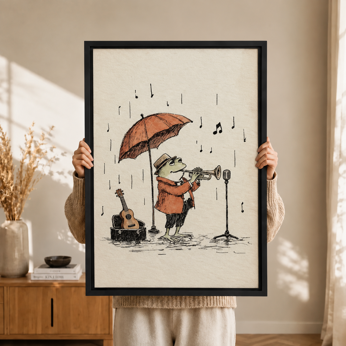 Rainy Jazz Frog Vintage Trumpet Wall Art