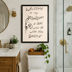 Welcome bathroom dog canvas wall art in black frame — funny typography print for dog owner home decor