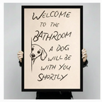 Dog peeking bathroom welcome sign canvas print — humorous pet lover wall decor for American home