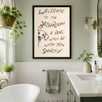 Funny dog bathroom sign framed canvas print — whimsical hand-lettered wall art for pet lover bathroom
