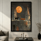 Two Cats Castle Moon Halloween Canvas Wall Art