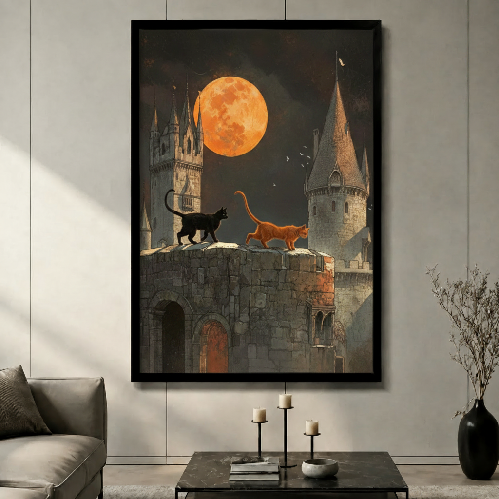 Two Cats Castle Moon Halloween Canvas Wall Art
